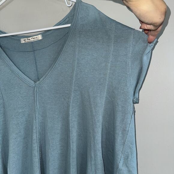 We The Free Sammie Pleated Top Woman’s Sz L Aqua Blue Oversized Raw Edge Pleated - Picture 4 of 9